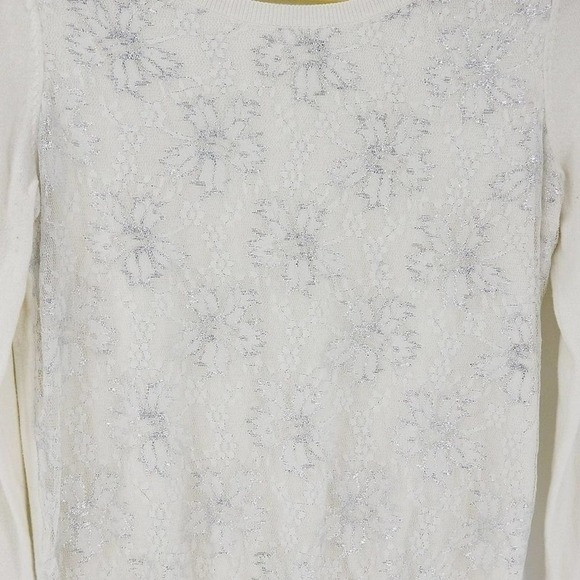 Loft Metallic Floral Print Lace Overlay Round Neck Pullover Knit Sweater Size M - Picture 3 of 5